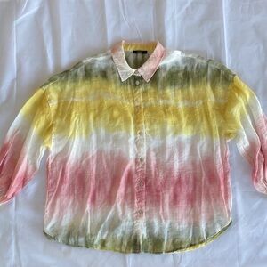PARFOIS. WOMENS PASTEL GRADIENT DYED BUTTON DOWN SHEER BLOUSE, SIZE EUROPEAN M/L